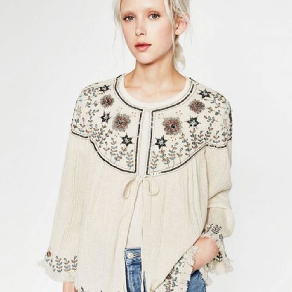 Zara Cream Embroidered Crochet Cape